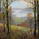 Art print by Lake District artist Jeff Sudders. A couple walk through Autumnal fields and trees towards Lake Windermere in the distance. Belle Isle, Ferry Nab and hills towards Newby Bridge are visible.