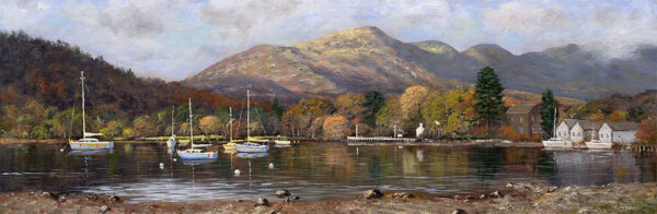Lake District art print Autumn Morning at Waterhead by local artist Jeff Sudders. Sailing boats on the lake at Windermere with trees and mountains behind in brown and green hues.