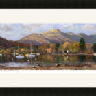 Lake District art framed print Autumn Morning at Waterhead, Windermere by local artist Jeff Sudders in a black frame.
