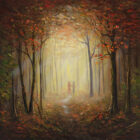Lake District art print Autumn Stroll by local artist Jeff Sudders. A couple walk through a sunlit woodland in warm autumnal colours.