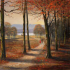 Lake District art print Autumn Stroll by Windermere by local artist Jeff Sudders. A couple walk along a woodland path by the lake with autumnal colours.