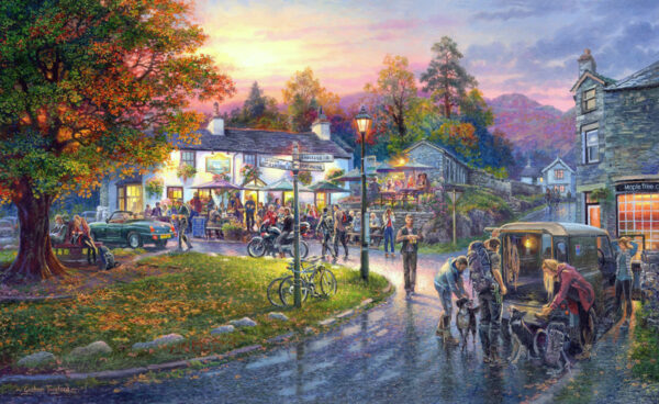 Open edition print by Graham Twyford. A populat destination in the Lake District Elterwater. Late afternoon, bright yellow light are on in the houses, the road looks wet like it has just rained, a few people strolling through the village.