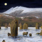 Lake District art print Castlerigg Stone Circle Moonlight by local artist Jeff Sudders. A snowy winter scene with sheep amongst the stones and the moon in a dark blue sky.