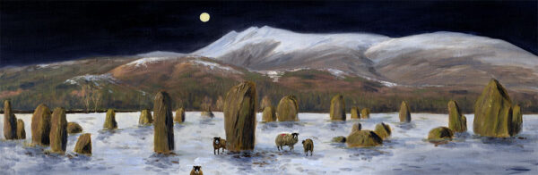 Lake District art print Castlerigg Stone Circle Moonlight by local artist Jeff Sudders. A snowy winter scene with sheep amongst the stones and the moon in a dark blue sky.