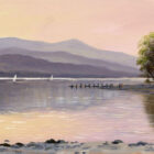 Lake District art print of Coniston by local artist Jeff Sudders. Evening reflections of mountains and fells in Coniston Water.