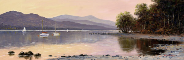 Lake District art print of Coniston by local artist Jeff Sudders. Evening reflections of mountains and fells in Coniston Water.