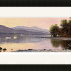 Lake District art framed print of Coniston by local artist Jeff Sudders. Black frame.