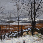 Lake District art print Cornered by local artist Jeff sudders. A sheepdog guards 3 sheep in snowy fields with lake behind.