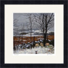 Lake District art framed print Cornered by Jeff Sudders in a black frame. Sheep and sheepdog in snowy Lakeland fields.