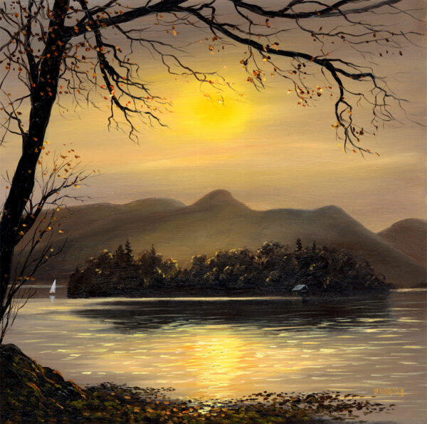 Lake District art print Evening at Catbells by local artist Jeff Sudders. A yellow sunset over Catbells, Keswick is reflected in Derwentwater. Derwent Isle is visible from the viewpoint.