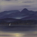 Lake District art print Full Moon Over Derwentwater by local artist Jeff Sudders. A yellow moon is reflected in the lake with jetty and dark purple blue sky.