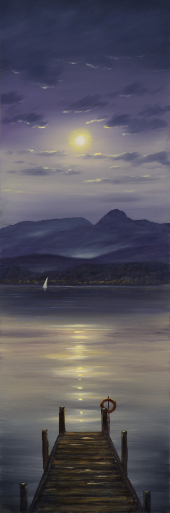 Lake District art print Full Moon Over Derwentwater by local artist Jeff Sudders. A yellow moon is reflected in the lake with jetty and dark purple blue sky.