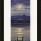 Lake District art framed print Full Moon over Derwentwater by local artist Jeff Sudders in a black frame.