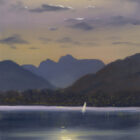 Lake District art print by local artist Jeff Sudders. A scene of bright yellow full moon high in the sky with Lake Derwentwater in the Lake District and the jetty in the foreground and some mountains in the background; colours are mainly yellow and blue