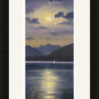 Lake District art framed print Full Moon over Windermere by local artist Jeff Sudders in a black frame.