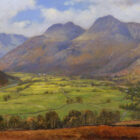 Lake District art print of Great Langdale Valley by local artist Jeff Sudders. The Langdale Pikes, Pike O'Stickle and Harrison Stickle with green fields and fells in the foreground.