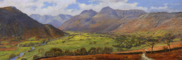 Lake District art print of Great Langdale Valley by local artist Jeff Sudders. The Langdale Pikes, Pike O'Stickle and Harrison Stickle with green fields and fells in the foreground.
