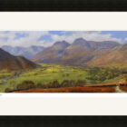 Lake District art framed print of Great Langdale Valley by local artist Jeff Sudders. Black frame.