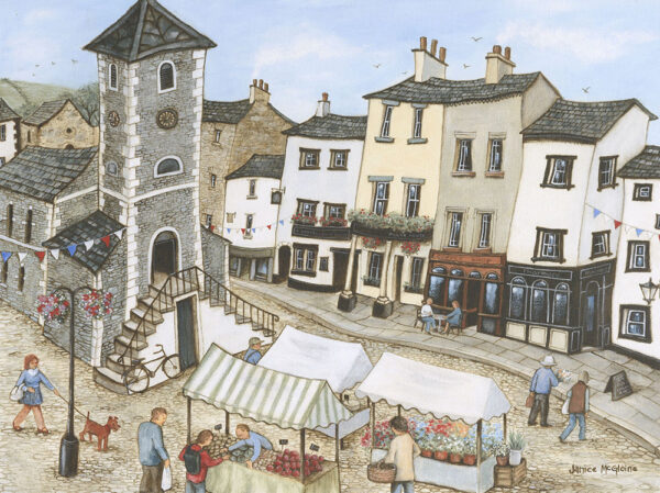 Lake District art by Janice McGloine. Art print of the iconic Market Square in Keswick with Moot Hall overlooking the stalls. Janice has a quirky fun and colourful style