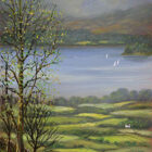 Lake District art print by local artist Jeff Sudders. A spring scene of a woodland with bright green grass and lots of bright yellow daffodils; a few tall trees and a bright blue lake Windermere in the Lake District and some mountains in the background.