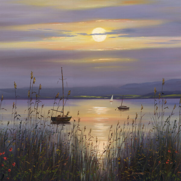 Lake District art print July Evening by local artist Jeff Sudders. A warm glowing sunset through hazy purple clouds reflects on the lake with sailing boats and wildflowers in silhouette.