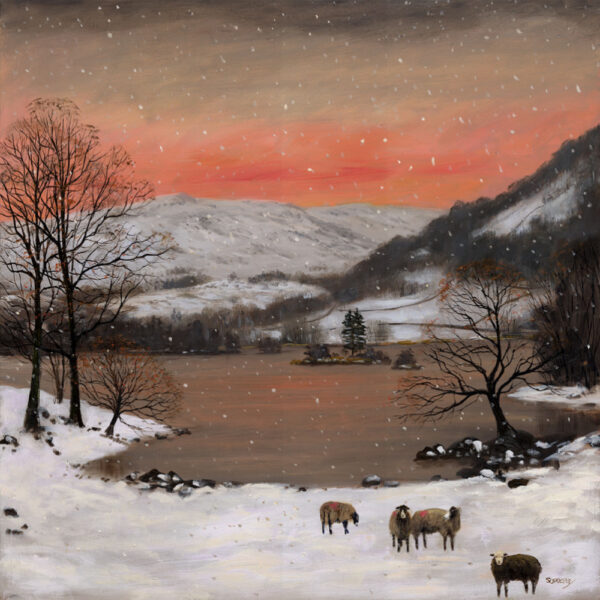 Lake District art print Just 4 Sheep at Rydal by local artist Jeff Sudders. Sheep stand on the snowy shore of Rydal Water with red sunset behind the mountains.