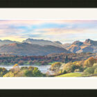 Lake District art framed photographic print Langdale Pikes and Windermere by Jon Allison in a black frame.