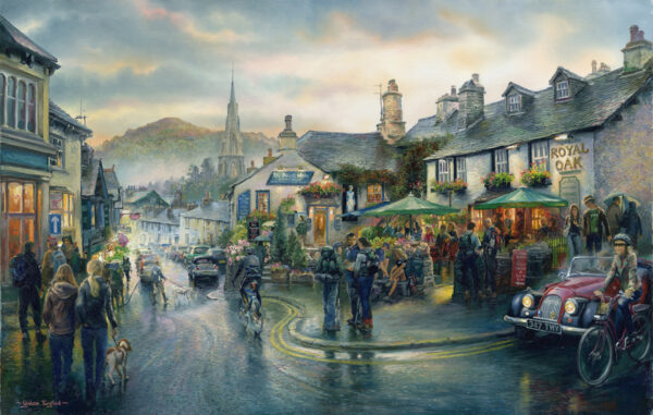 Open edition print by Graham Twyford. A populat destination in the Lake District Glenridding. Late afternoon, bright yellow light are on in the houses, the road looks wet like it has just rained, a few people strolling through the village.