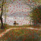 Lake District art print Love in the Lakes Waterhead by local artist Jeff Sudders. A couple sit on a bench beside the lake whilst red hears rain from the sky.