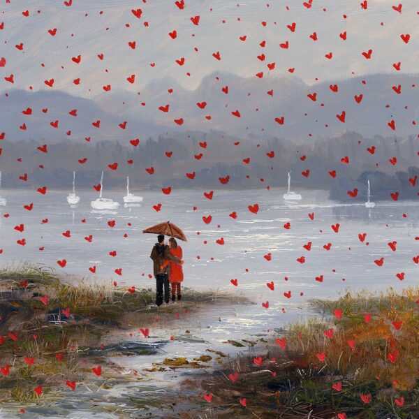 Lake District art print Love in the Lakes Windermere by local artist Jeff Sudders. A couple stand under an umbrella by the lake whilst red hearts rain from the sky.