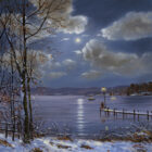 Lake District art print Making Memories (Windermere) by local artist Jeff Sudders. A couple stand on the end of a jetty by moonlight in a scene of blue and purple hues.