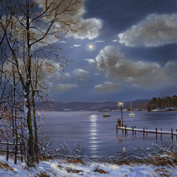 Lake District art print Making Memories (Windermere) by local artist Jeff Sudders. A couple stand on the end of a jetty by moonlight in a scene of blue and purple hues.
