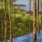 Lake District art print May Morning Overlooking Windermere by local artist Jeff Sudders. Looking through trees in a bluebell wood with lake beyond.
