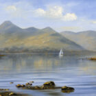 Lake District art print Morning Sail by Catbells by local artist Jeff Sudders showing a tranquil blue lake with a white sailing boat in front of Catbells Fell.