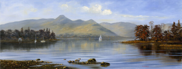 Lake District art print Morning Sail by Catbells by local artist Jeff Sudders showing a tranquil blue lake with a white sailing boat in front of Catbells Fell.