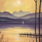 Lake District art print Morning Sun over the Langdale Pikes by local artist Jeff Sudders. A yellow sunrise reflected in the lake over hazy purple mountains.