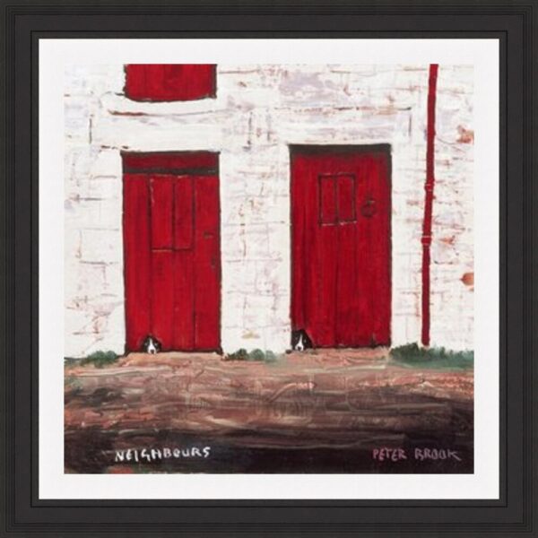 Framed print by yorkshire artist Peter Brook. Sheepdogs behind red barn doors