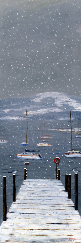Lake District art print No Sailing Today by local artist Jeff Sudders. A winter scene with a long jetty covered in white snow in the foreground, few yachts on the Lake Windermere in the Lake District and some mountains in the background; the small snowflakes are falling down across the print.