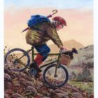 Lake District art by Jim Taylor. Old Dog - New Tricks an art print featuring an old man and his dog on a bike on their Lakeland travels. A sweet and often funny story.