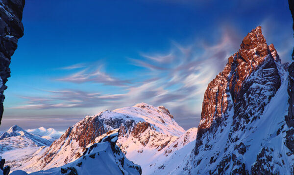 Lake District art by Jamie Hageman. Scafell Pinnacle at Sunset limited edition print of the iconic mountain covered in snow.
