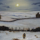 Lake District art print Settling Down for the NIght by local artist Jeff Sudders. Sheep in snowy Lakeland fields with a yellow moon shining in a dark blue sky.