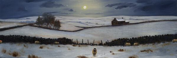 Lake District art print Settling Down for the NIght by local artist Jeff Sudders. Sheep in snowy Lakeland fields with a yellow moon shining in a dark blue sky.