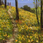Lake District art print Springtime at Windermere by Jeff Sudders. A spring scene of a woodland with bright green grass and lots of bright yellow daffodils; a few tall trees and a bright blue lake Windermere in the Lake District and some mountains in the background.