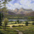 Lake District art print Summer Afternoon Near Windermere by local artist Jeff Sudders. A lovely sunny day looking across green fields and Windermere to the Langdale Pikes.