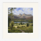 Lake District Art framed print Summer Afternoon near Windermere showing the lake and Langdale Pikes by Jeff Sudders in a white frame.
