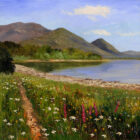 Lake District art print Summertime at Bassenthwaite by local artist Jeff Sudders. Wildflowers on the shore of Bassenthwaite Lake with blue sky and mountains.