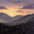 Lake District art print by Jeff Sudders. This is a scene of Sundown over Striding Edge in the Lake District. Colours are mainly black, yellow, pink.
