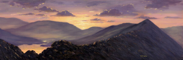 Lake District art print by Jeff Sudders. This is a scene of Sundown over Striding Edge in the Lake District. Colours are mainly black, yellow, pink.