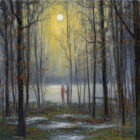 Lake District art print Together We'll Find a Way by local artist Jeff Sudders. A couple hold hands in the rain whilst moonlight shines through the trees.