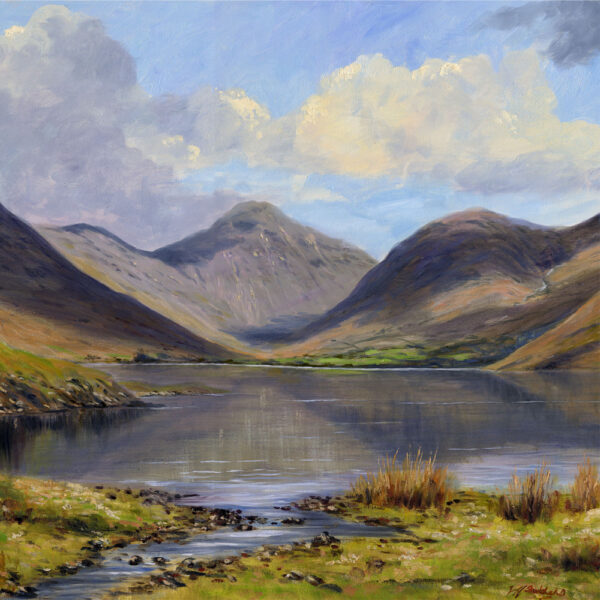 Lake District art print Wastwater by local artist Jeff Sudders. Great Gable, Yewbarrow and Lingmell at Wasdale Head are reflected in Wastwater.